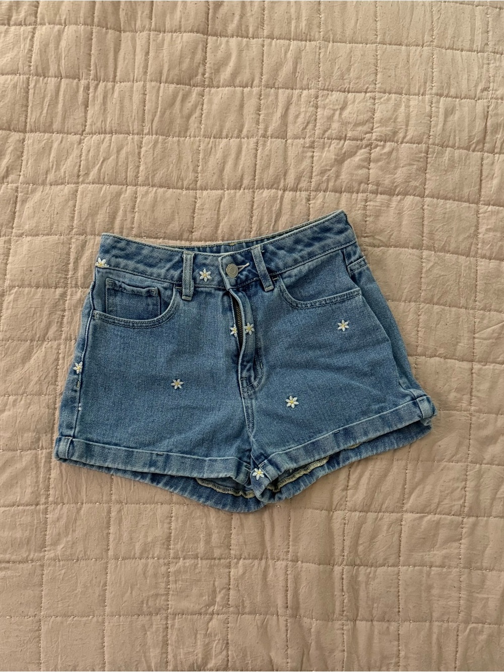 PacSun Blue Denim Daisy Embroidered High-Rise Shorts